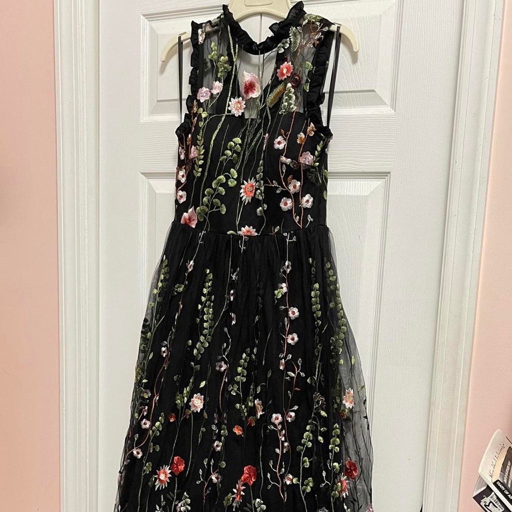 Black Floral Embroidered Midi Dress with Ruffle Collar